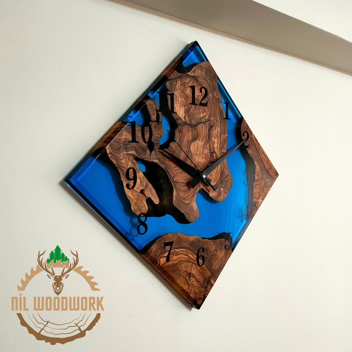 Olive Wood Wall Clock: Blue Resin Diamond Design, 14'' Square