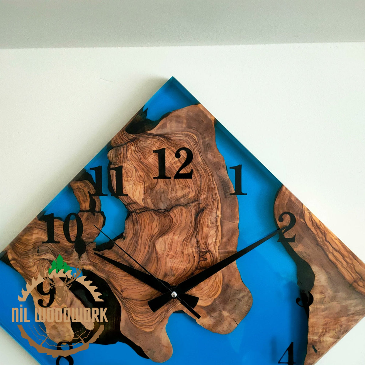 Olive Wood Wall Clock: Blue Resin Diamond Design, 14'' Square