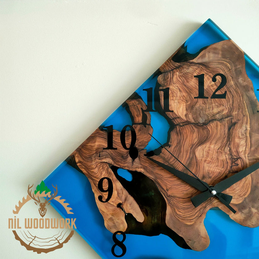Olive Wood Wall Clock: Blue Resin Diamond Design, 14'' Square