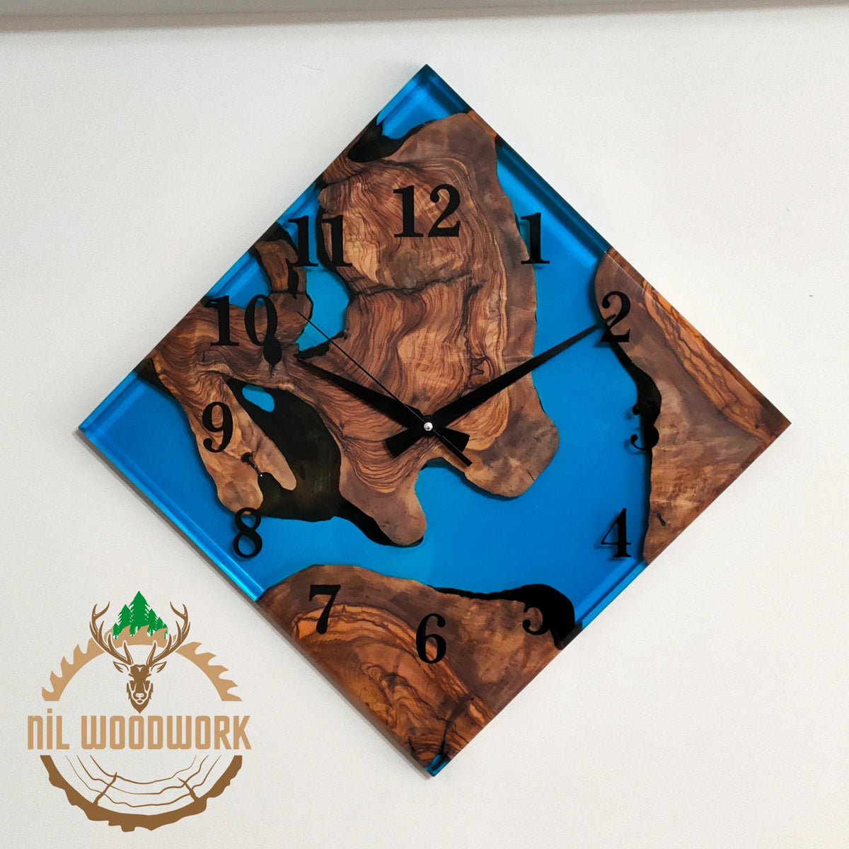 Olive Wood Wall Clock: Blue Resin Diamond Design, 14'' Square