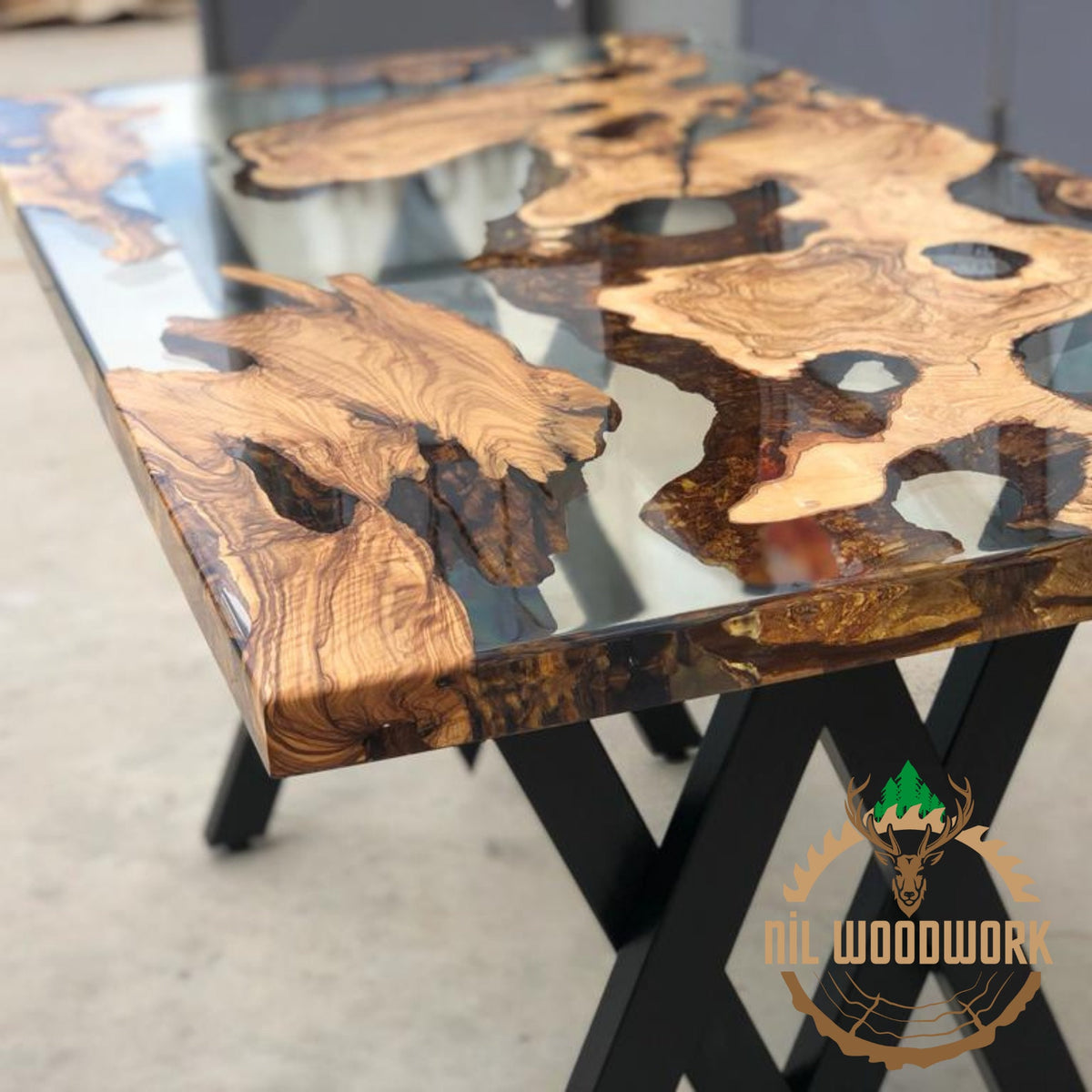 Personalized Olive Wood Epoxy Dining Table: Modern Resin River Table