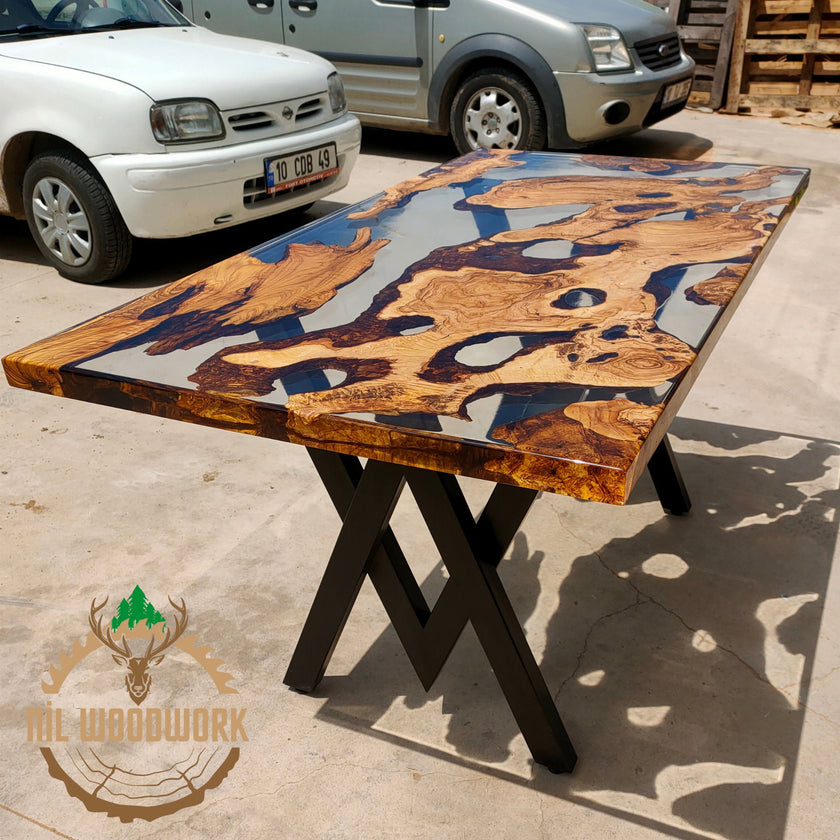 Personalized Olive Wood Epoxy Dining Table: Modern Resin River Table