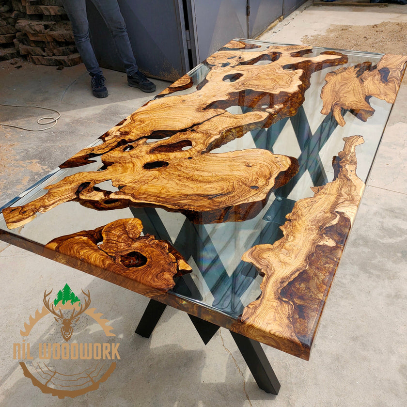 Personalized Olive Wood Epoxy Dining Table: Modern Resin River Table