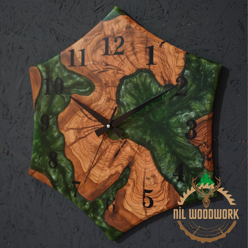 Personalized Olive Wood Wall Clock: Hexagonal Resin Epoxy Design