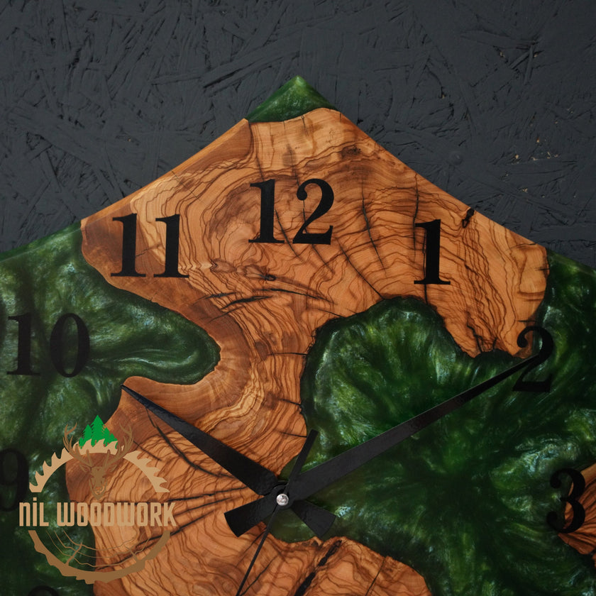 Personalized Olive Wood Wall Clock: Hexagonal Resin Epoxy Design