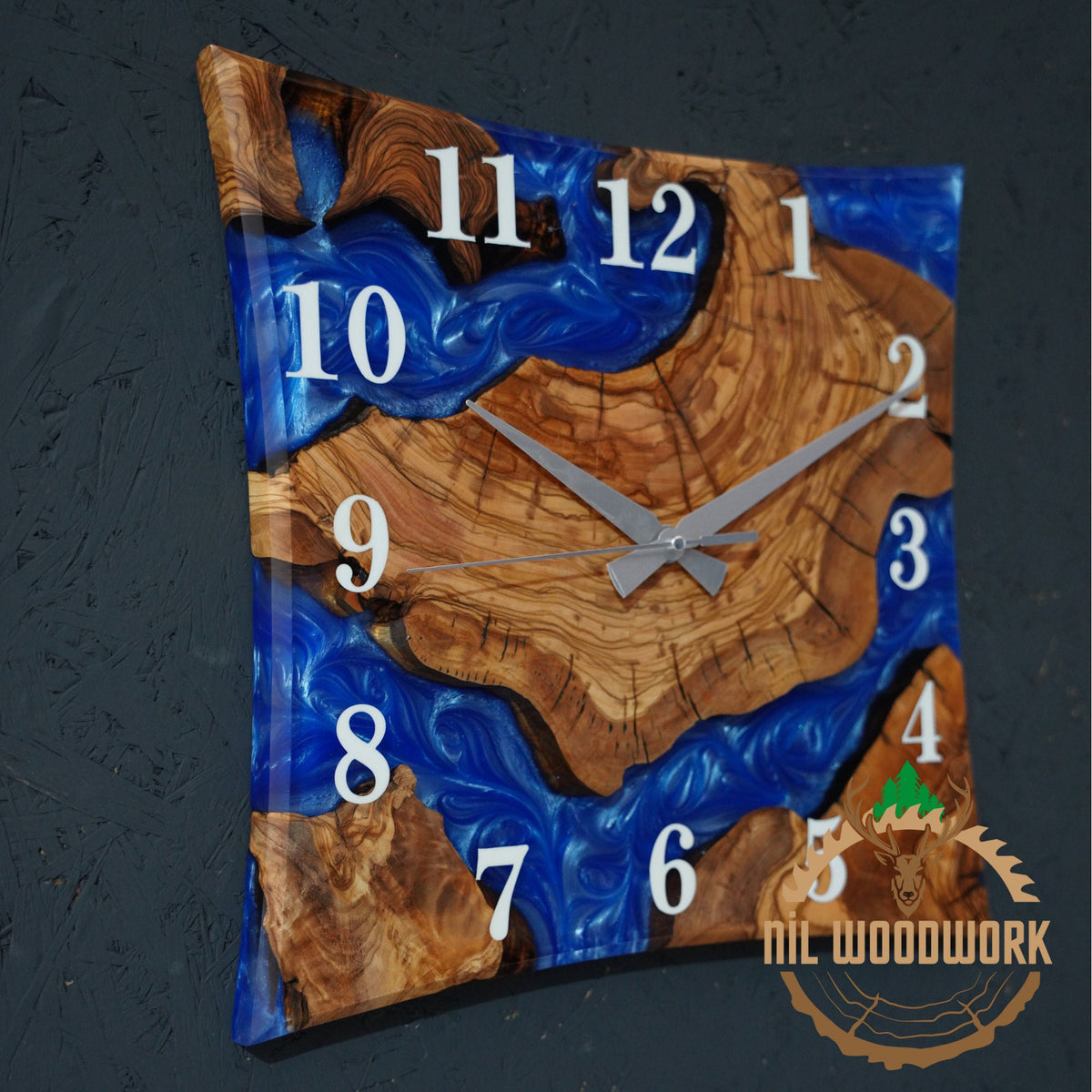 Personalized Olive Wood Wall Clock: 3D Resin Epoxy, Modern Square Design