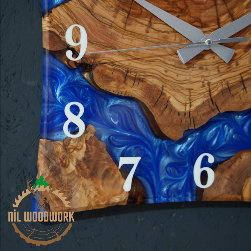 Personalized Olive Wood Wall Clock: 3D Resin Epoxy, Modern Square Design