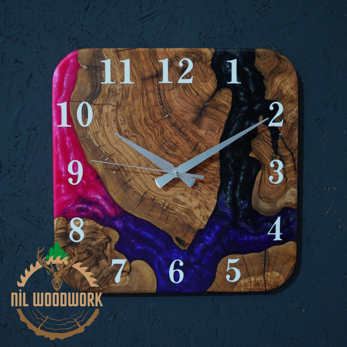 Made to Order Resin Olive Wood Wall Clock: Modern Square Art