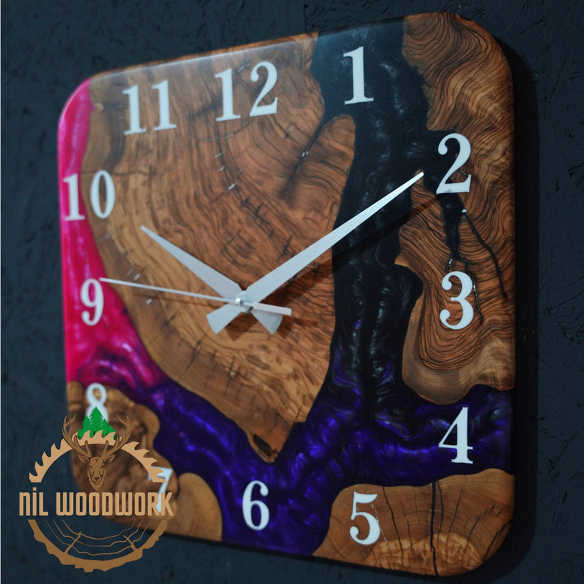Made to Order Resin Olive Wood Wall Clock: Modern Square Art