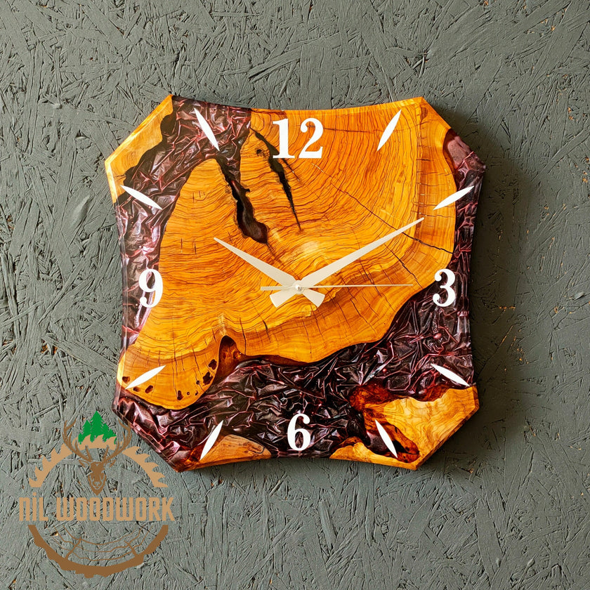 Personalized Olive Wood Wall Clock: Handmade Resin Accent, Modern Design