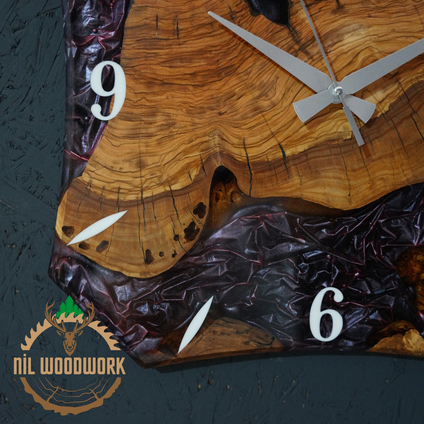 Personalized Olive Wood Wall Clock: Handmade Resin Accent, Modern Design