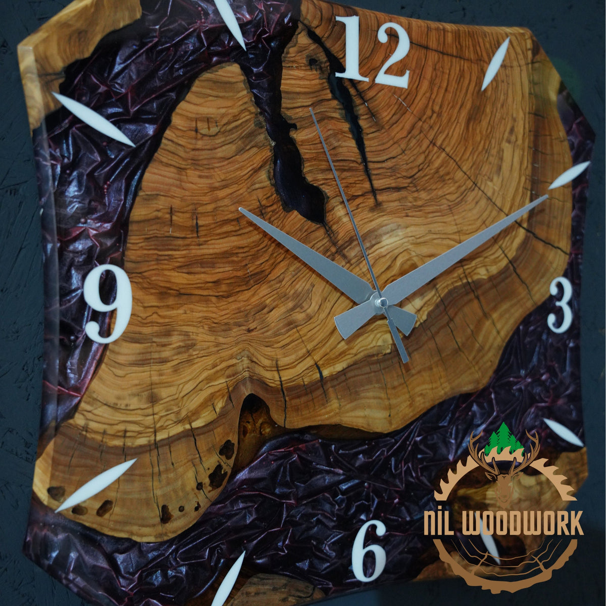 Personalized Olive Wood Wall Clock: Handmade Resin Accent, Modern Design