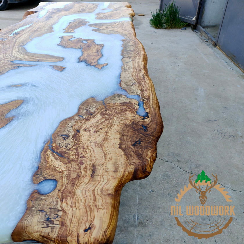 Personalized Olive Wood Resin Table: Live Edge Modern Dining Table