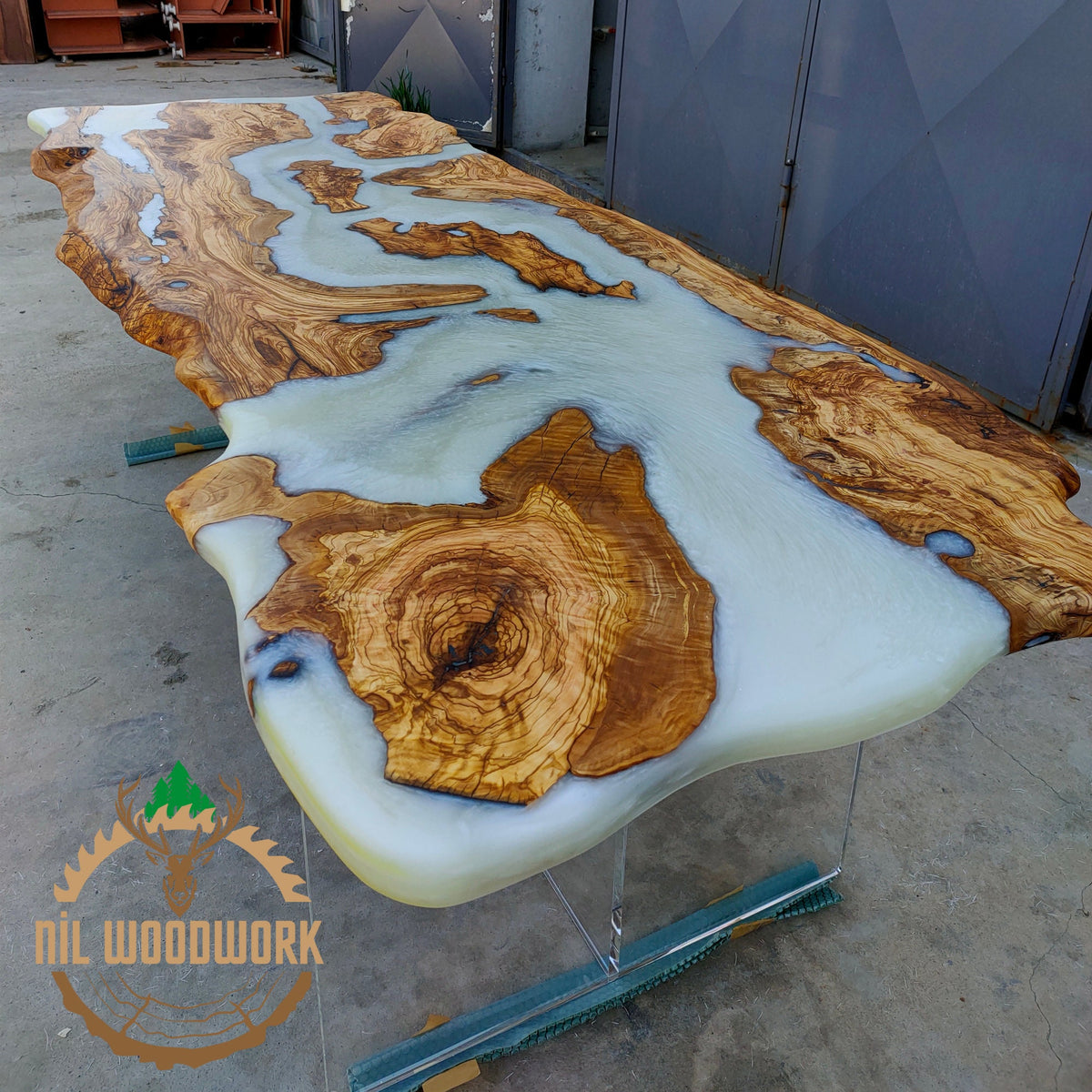 Personalized Olive Wood Resin Table: Live Edge Modern Dining Table
