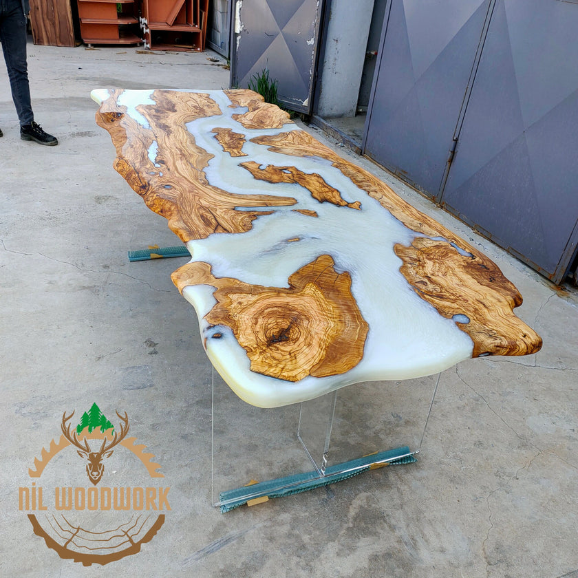 Personalized Olive Wood Resin Table: Live Edge Modern Dining Table