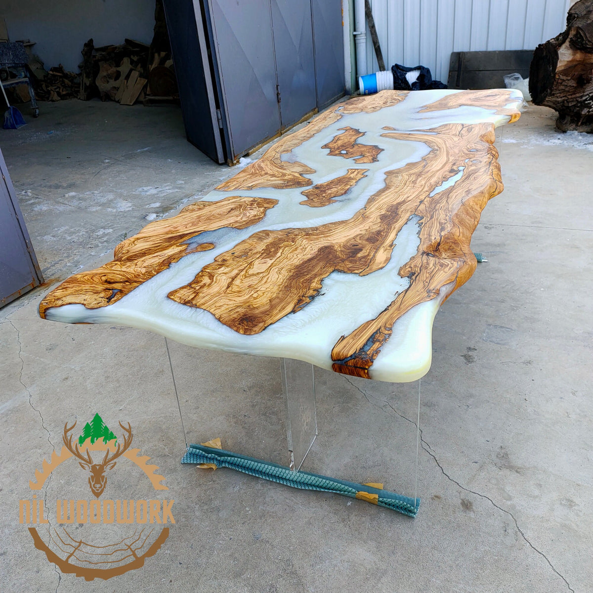 Personalized Olive Wood Resin Table: Live Edge Modern Dining Table