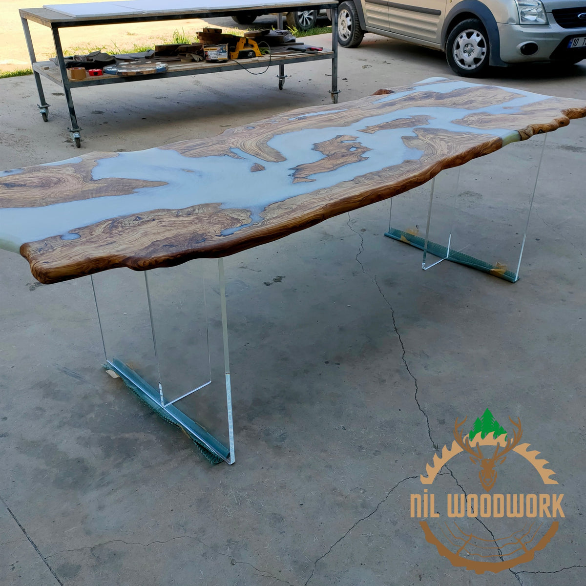 Personalized Olive Wood Resin Table: Live Edge Modern Dining Table