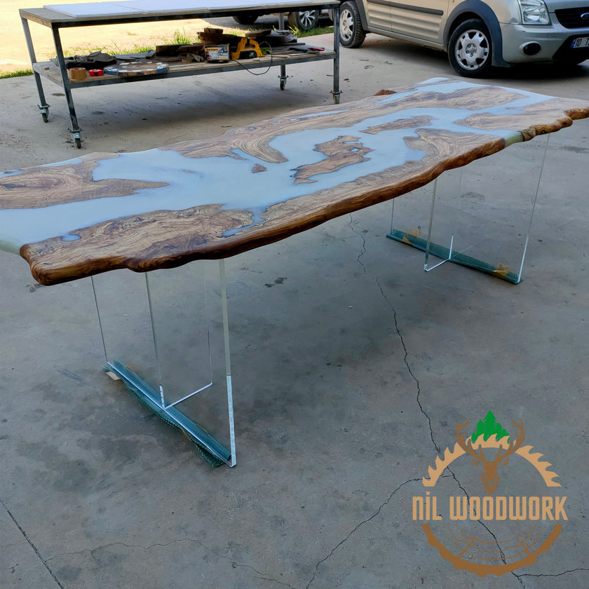 Personalized Olive Wood Resin Table: Live Edge Modern Dining Table