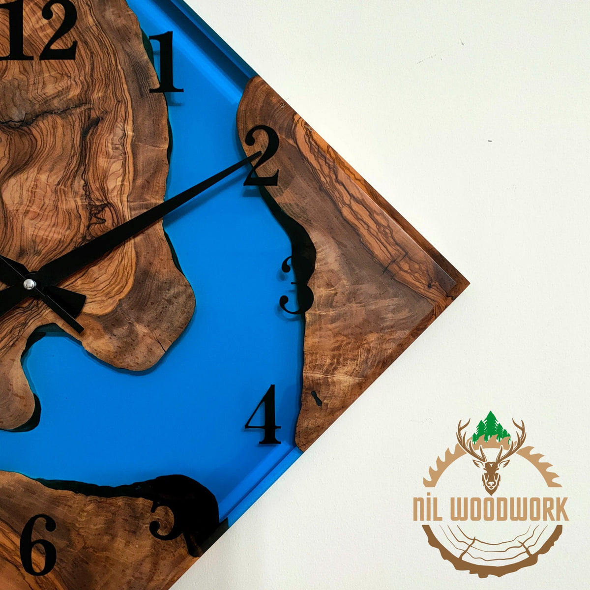 Olive Wood Wall Clock: Blue Resin Diamond Design, 14'' Square