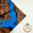 Olive Wood Wall Clock: Blue Resin Diamond Design, 14'' Square