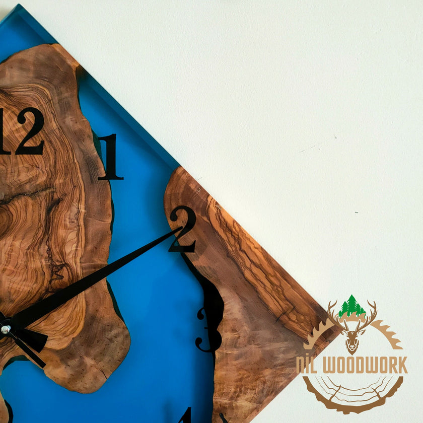 Olive Wood Wall Clock: Blue Resin Diamond Design, 14'' Square