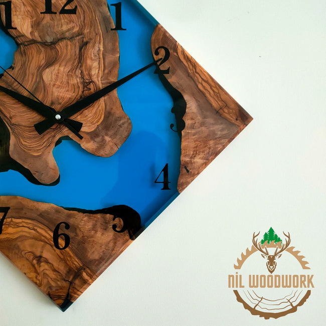 Olive Wood Wall Clock: Blue Resin Diamond Design, 14'' Square