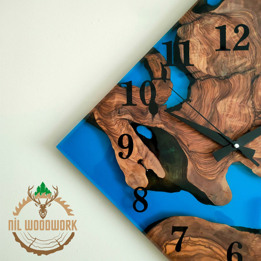 Olive Wood Wall Clock: Blue Resin Diamond Design, 14'' Square