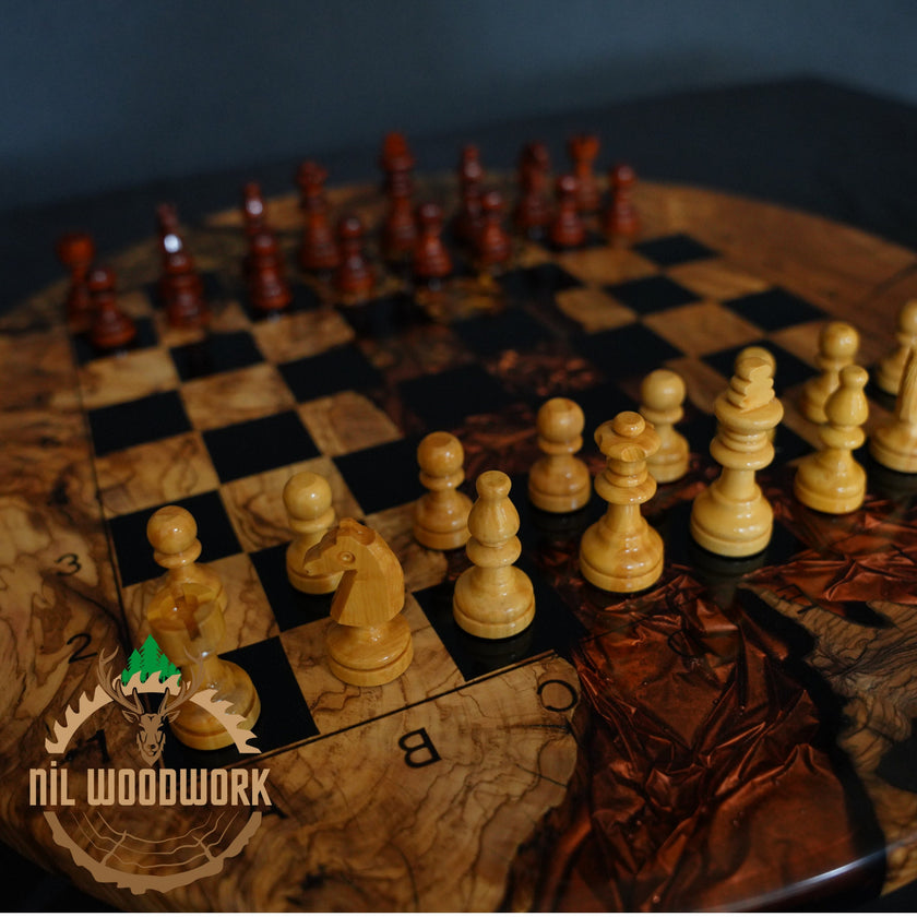 Handmade Olive Wood Chess Set: Epoxy Resin Design, Modern Elegance