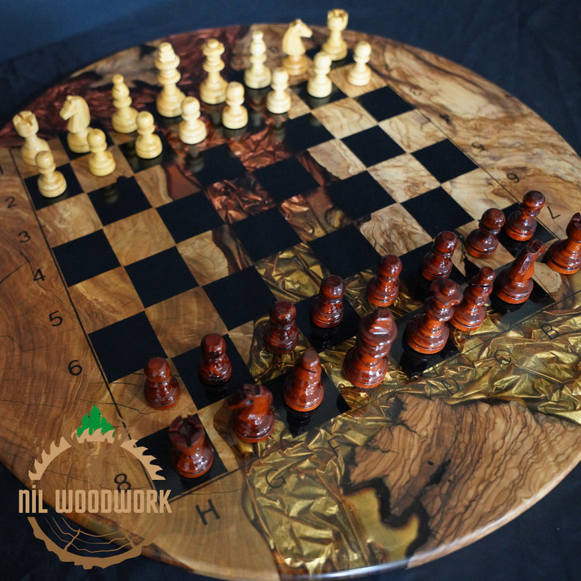 Handmade Olive Wood Chess Set: Epoxy Resin Design, Modern Elegance