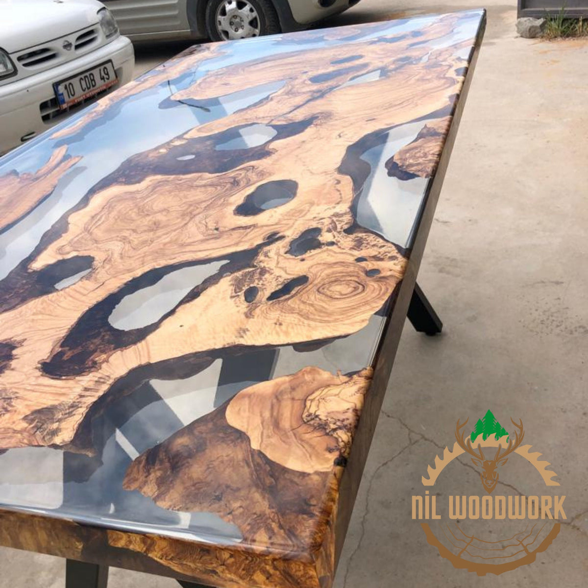 Personalized Olive Wood Epoxy Dining Table: Modern Resin River Table