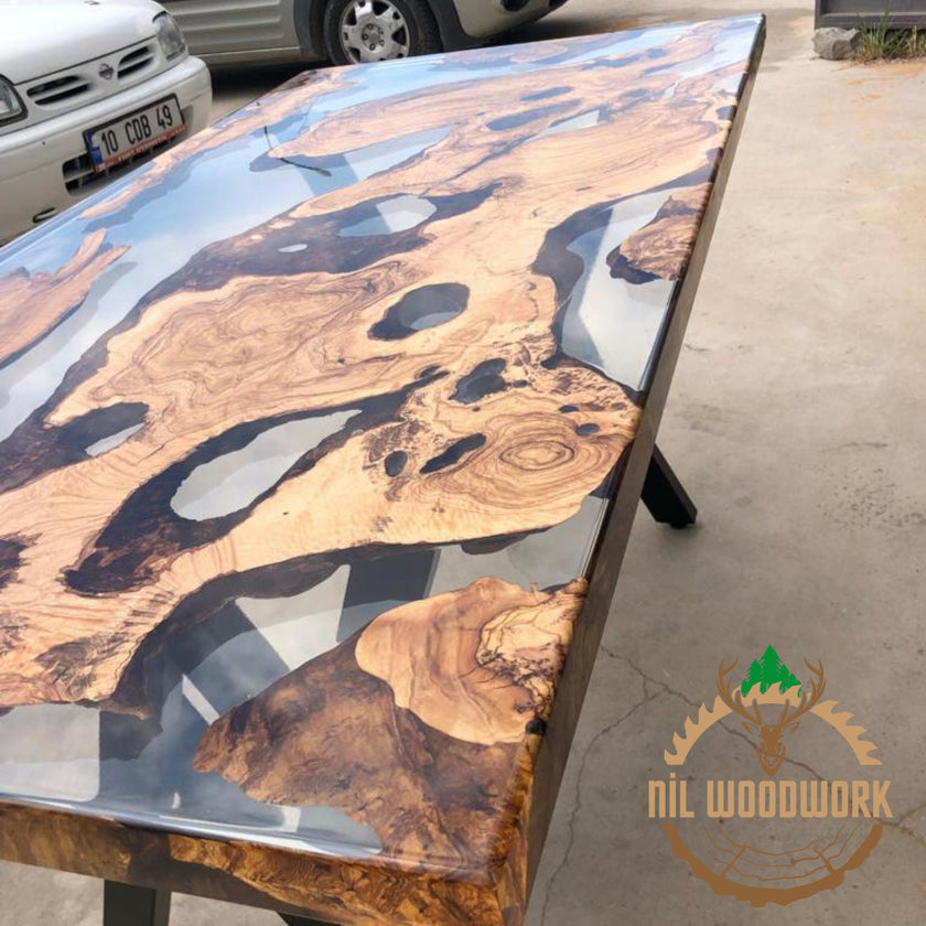 Personalized Olive Wood Epoxy Dining Table: Modern Resin River Table