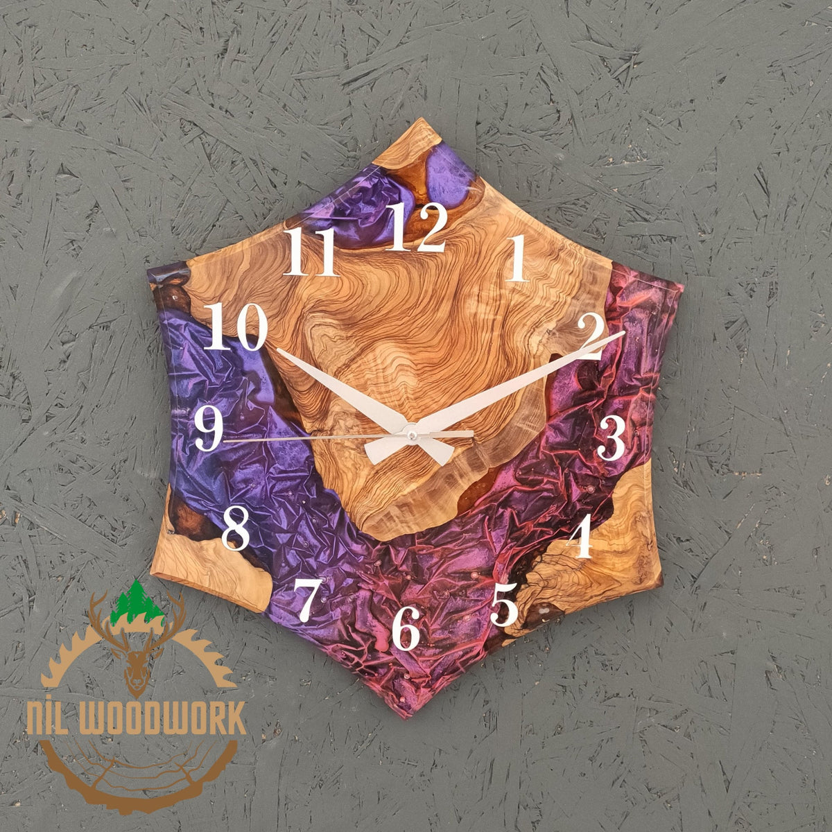 Personalized Olive Wood Wall Clock: Hexagonal Resin Epoxy Design