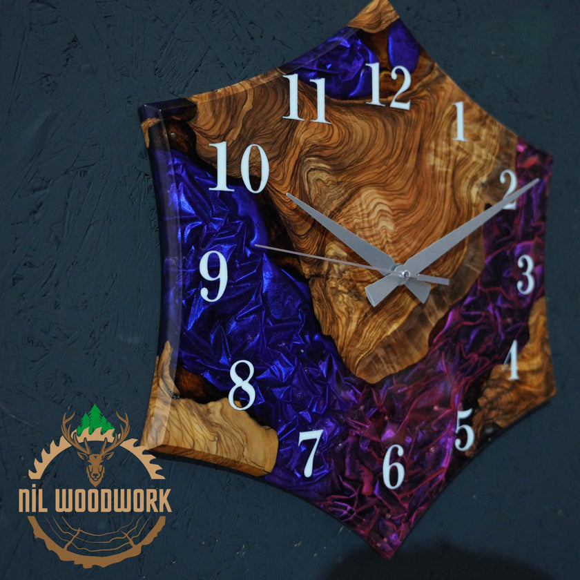 Personalized Olive Wood Wall Clock: Hexagonal Resin Epoxy Design