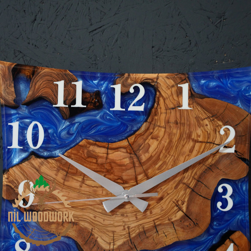 Personalized Olive Wood Wall Clock: 3D Resin Epoxy, Modern Square Design