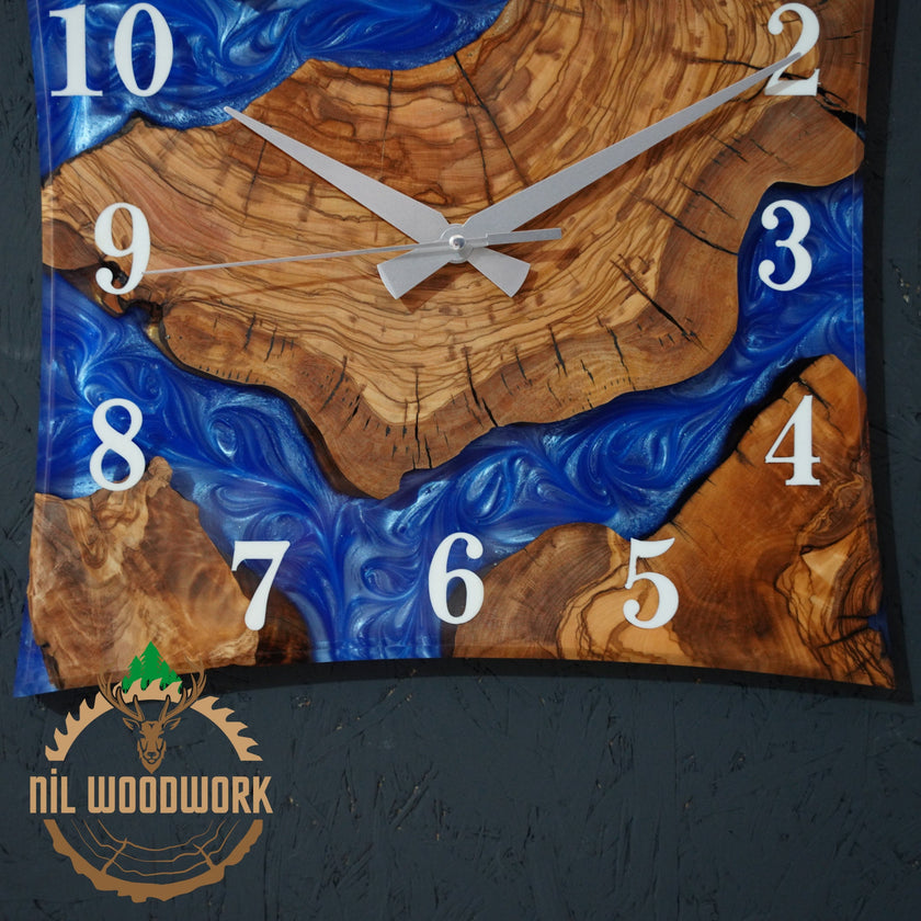 Personalized Olive Wood Wall Clock: 3D Resin Epoxy, Modern Square Design