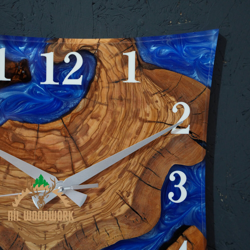 Personalized Olive Wood Wall Clock: 3D Resin Epoxy, Modern Square Design