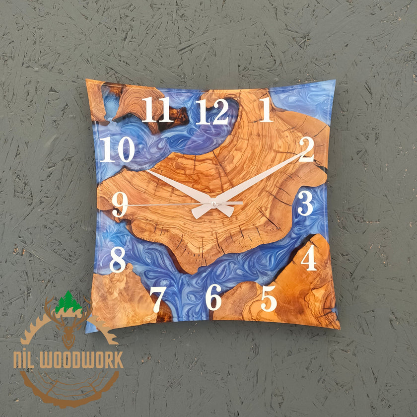 Personalized Olive Wood Wall Clock: 3D Resin Epoxy, Modern Square Design
