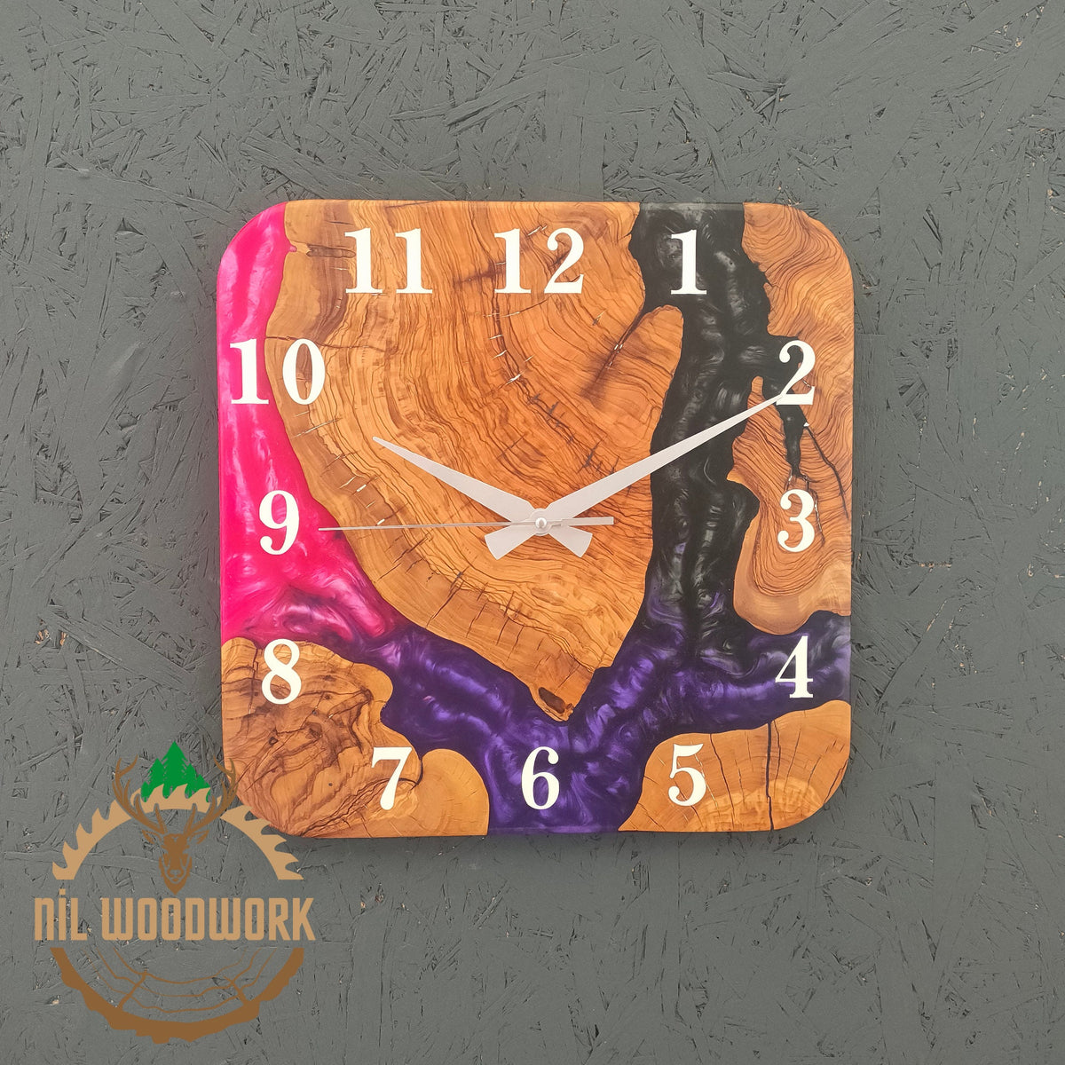 Made to Order Resin Olive Wood Wall Clock: Modern Square Art