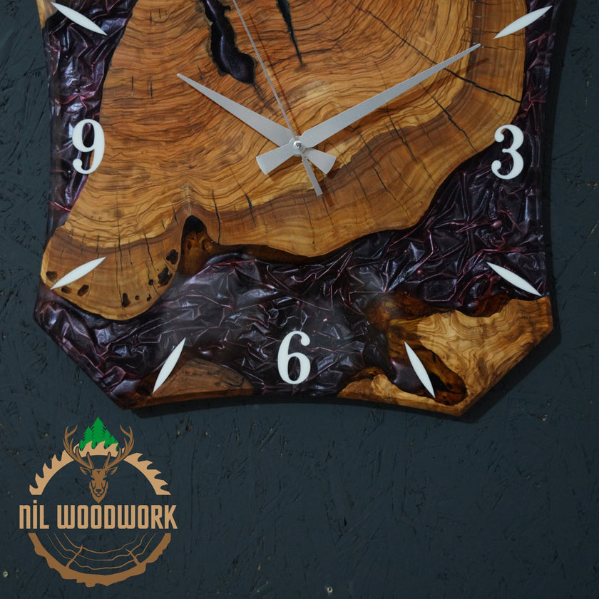 Personalized Olive Wood Wall Clock: Handmade Resin Accent, Modern Design