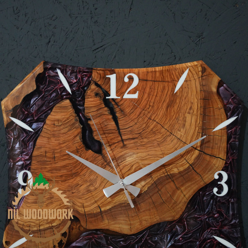 Personalized Olive Wood Wall Clock: Handmade Resin Accent, Modern Design