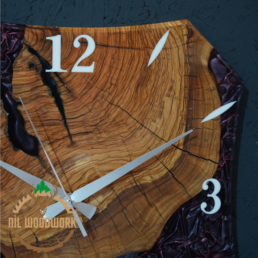 Personalized Olive Wood Wall Clock: Handmade Resin Accent, Modern Design