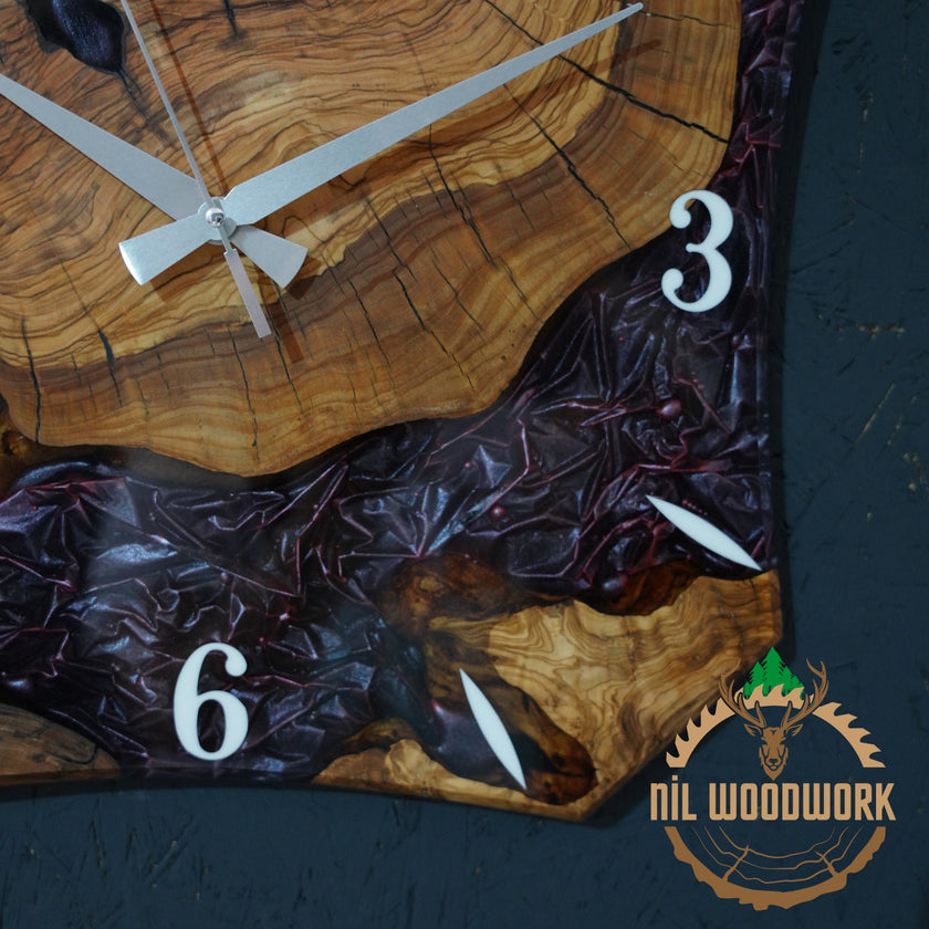 Personalized Olive Wood Wall Clock: Handmade Resin Accent, Modern Design