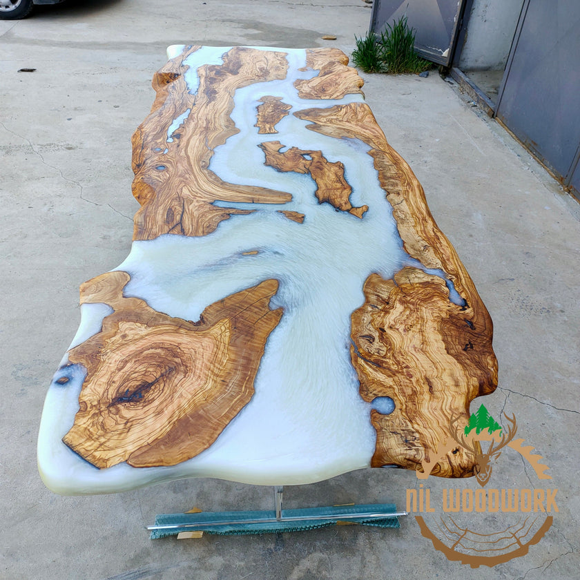 Personalized Olive Wood Resin Table: Live Edge Modern Dining Table