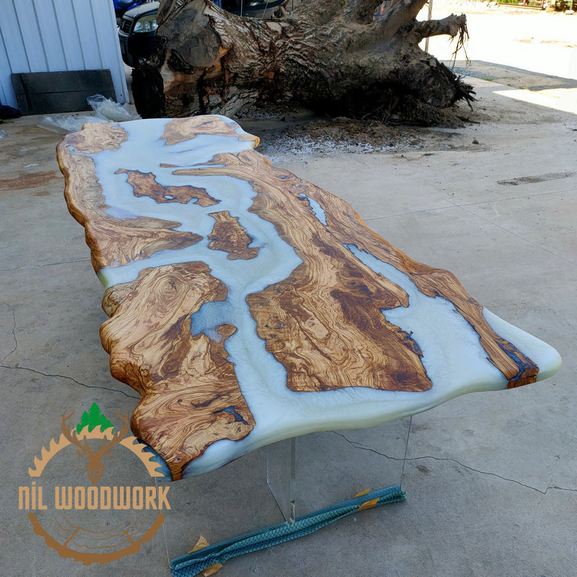 Personalized Olive Wood Resin Table: Live Edge Modern Dining Table