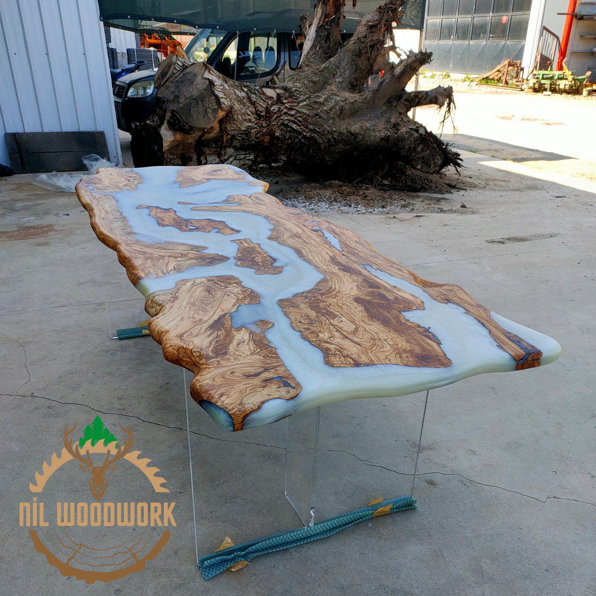 Personalized Olive Wood Resin Table: Live Edge Modern Dining Table