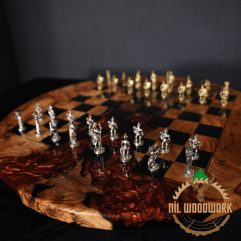 Handmade Olive Wood Chess Board: 3D Resin Chess Set
