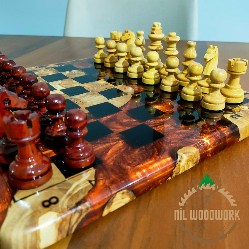 Handmade Olive Wood Resin Chess Set: Modern Luxury Chessboard
