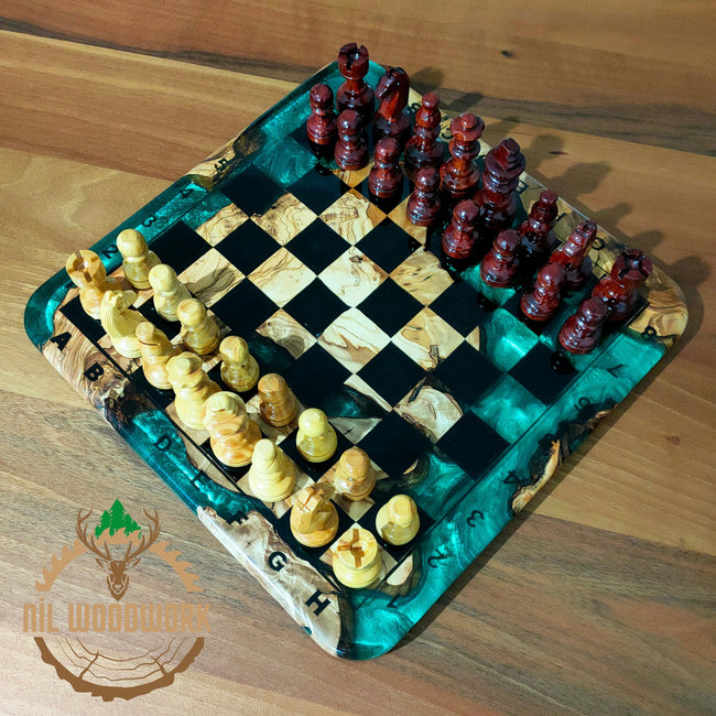 Handmade Olive Wood Resin Chess Set: Modern Luxury Chessboard