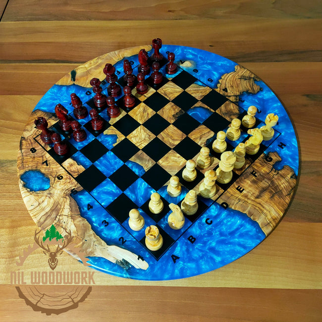 Handmade Olive Wood Epoxy Chess Board: 20'' Round Resin Chess Set