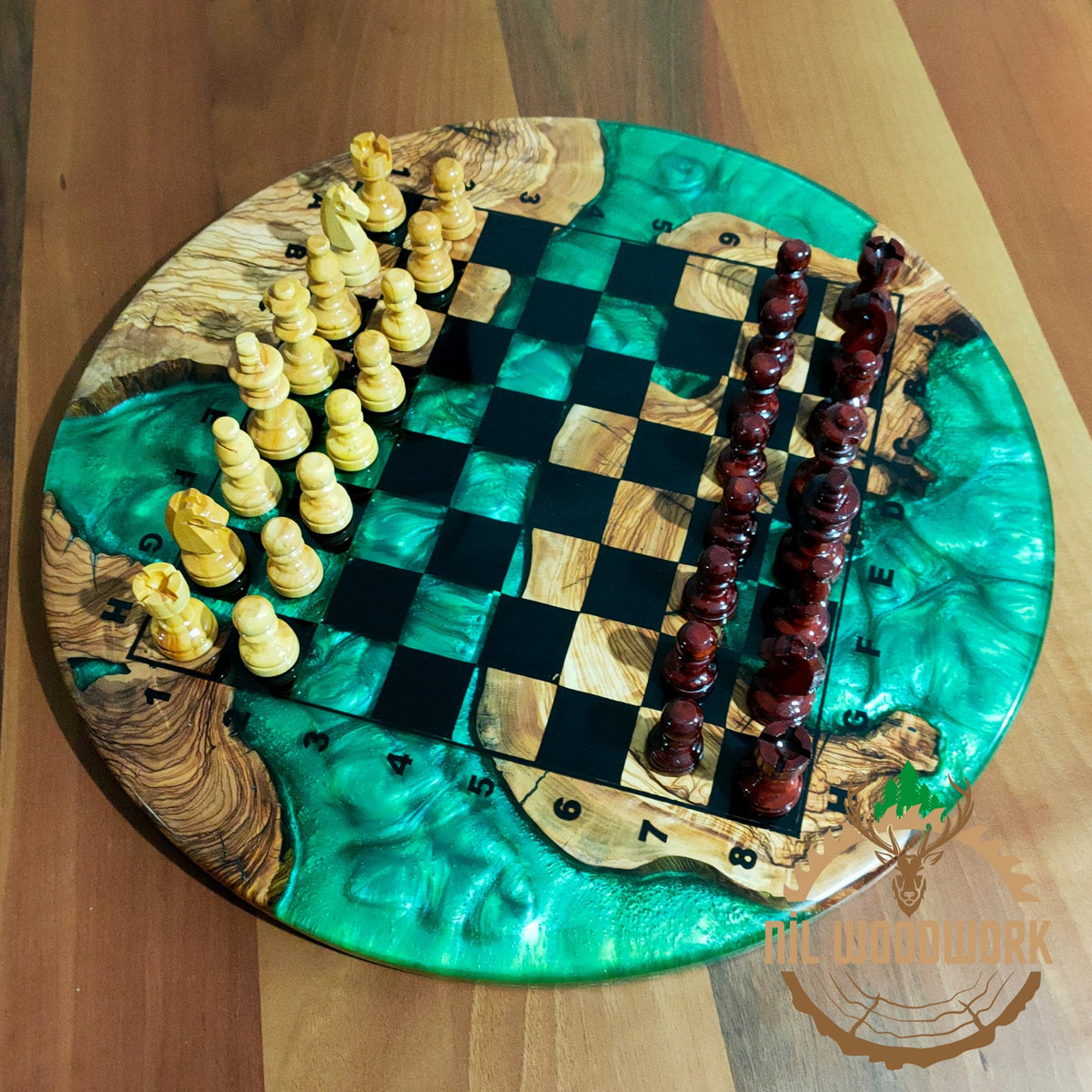 Handmade Olive Wood Chess Board: 3D Resin Chess Set